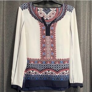 Adrianna Pappell Long-Sleeve Printed Blouse-White with Navy & Coral Pattern